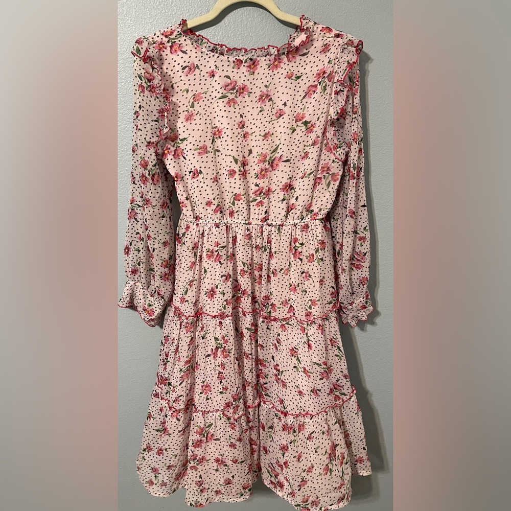 Antheaa Pink Floral Swiss Dot Midi Dress Ruffle Trim Tassel Tie Cottagecore XL - Picture 12 of 12